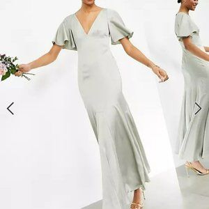ASOS EDITION satin maxi dress with flutter sleeve - Sage Green Size 6